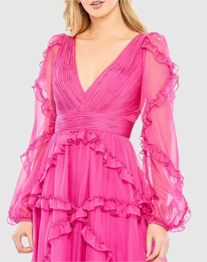 Mac Duggal A68223 Pink Ruffle A-line Gown with Sheer Long Sleeves