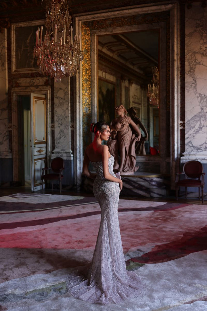 Chic & Holland HF110637 Strapless Straight Neckline Double Side Bows Linear Beaded Sheath Couture Dress