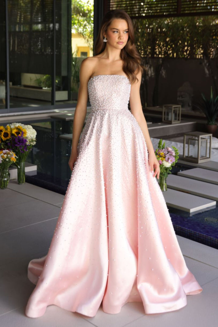 Ava Presley 42500 - Strapless Beaded Blush A Line Gown - FOSTANI.com