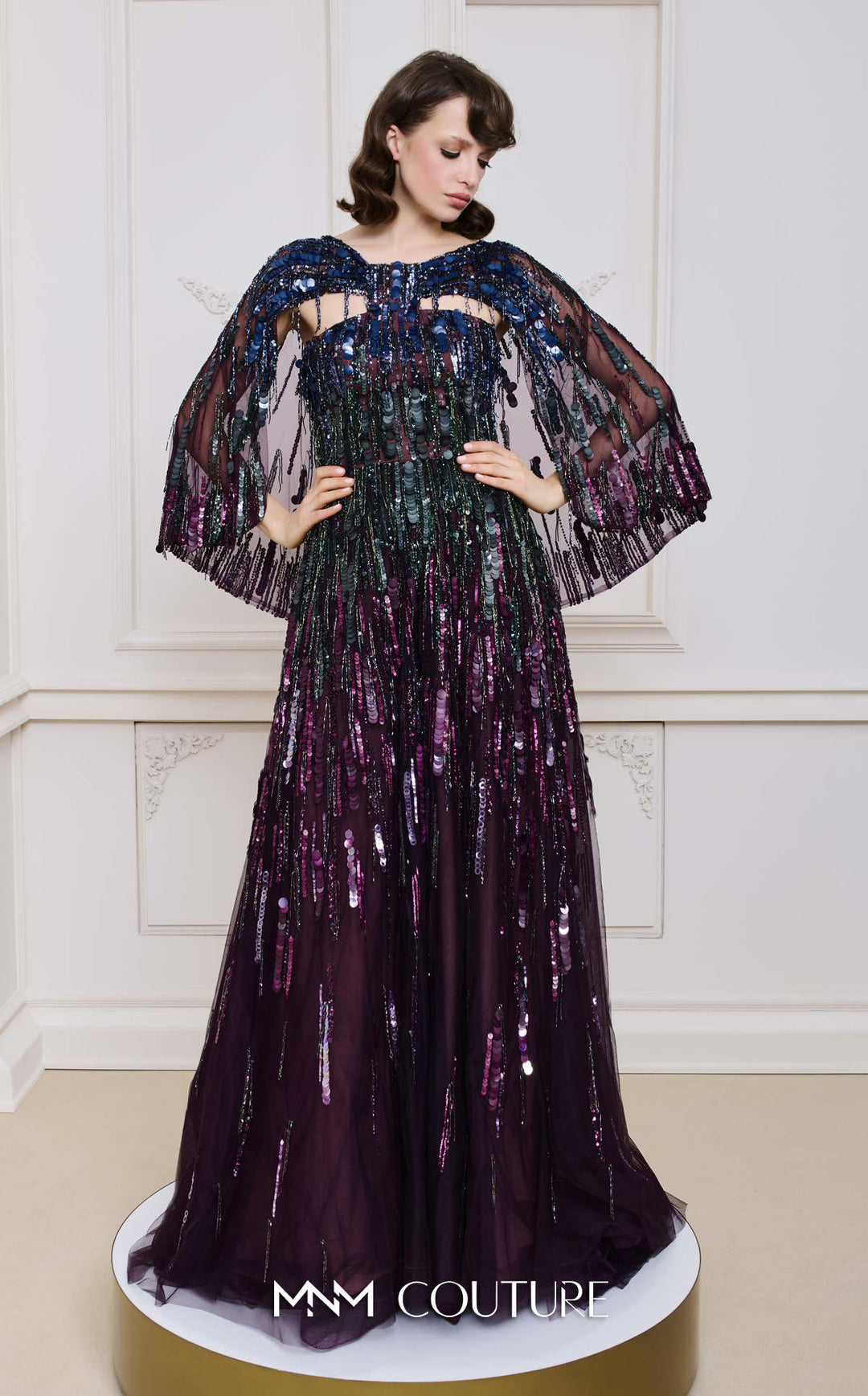 MNM B1146 Caped A-Line Floor-Length Couture Dress