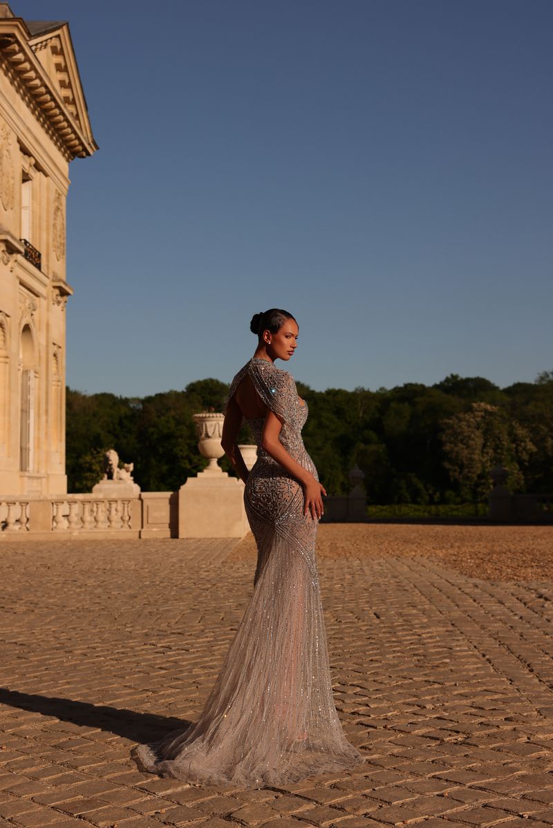 Chic & Holland HF110677 Beaded Cape Sleeve Couture Dress