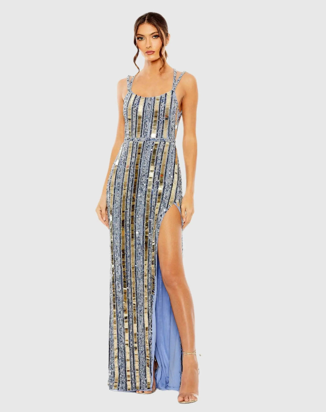 Mac Duggal 93981 Gold and Silver Halter Neck Embellished Detailed Back Gown