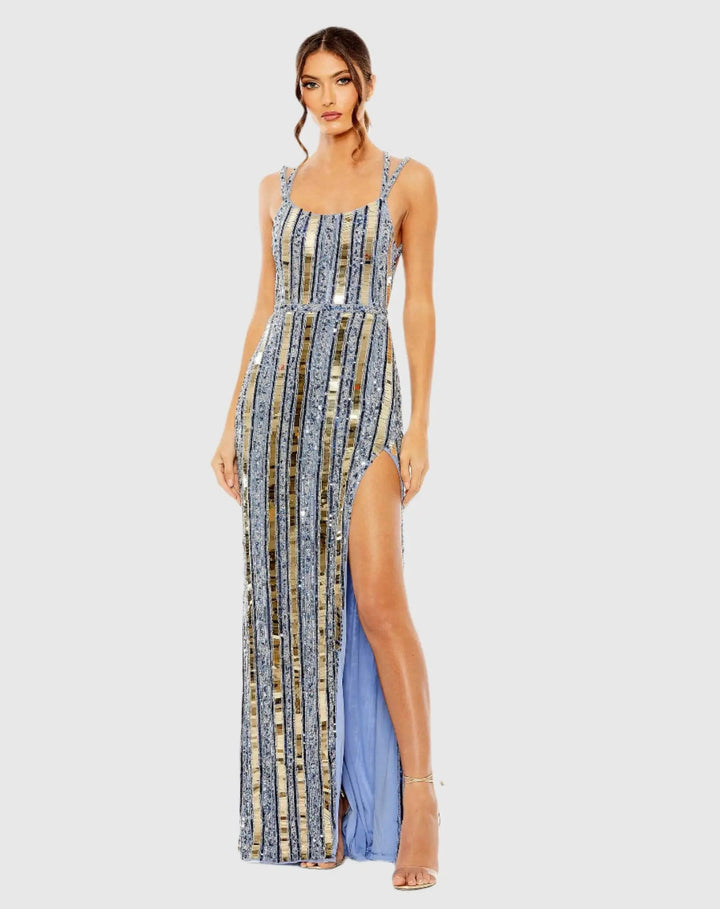 Mac Duggal 93981 Gold and Silver Halter Neck Embellished Detailed Back Gown