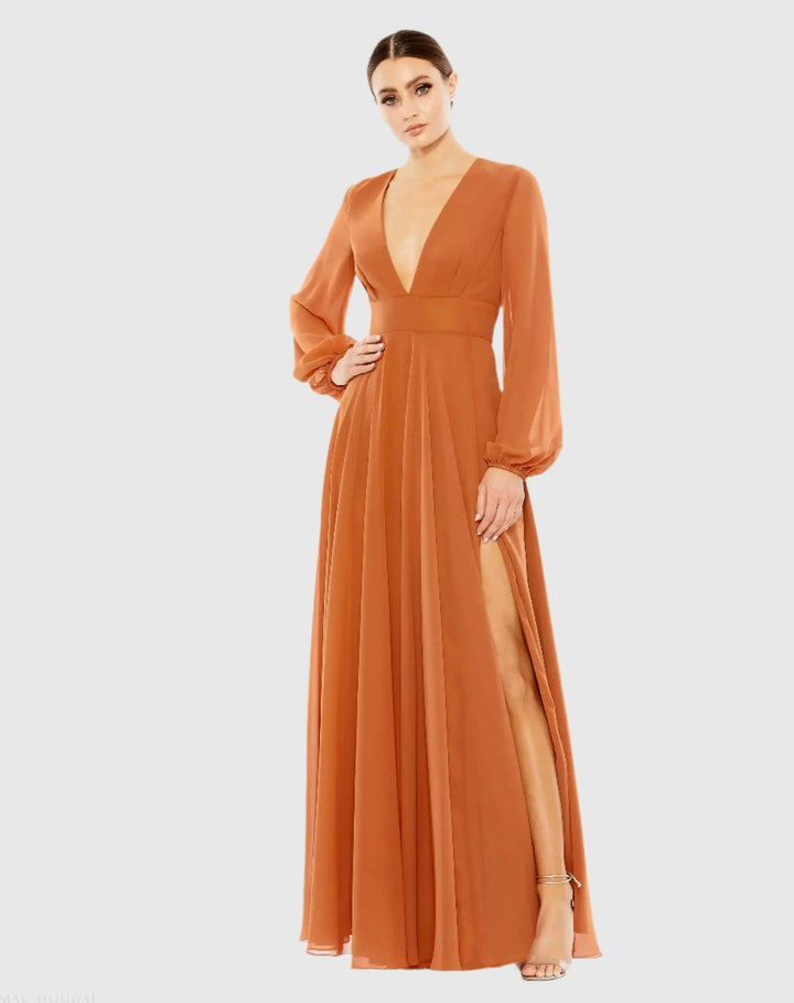 Mac Duggal 55682 V-Neck Illusion Long Sleeve Chiffon Gown