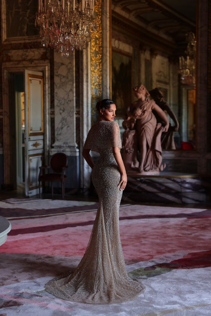 Chic & Holland HF110647 Strapless Linear Beaded High Slit Sheath Matching Cape Couture Dress
