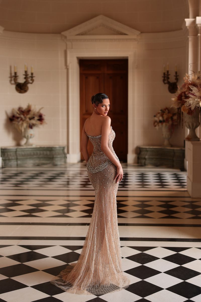 Chic & Holland HF110641 Strapless Deep V Plunging Curved Peplum Linear Beaded Couture Dress