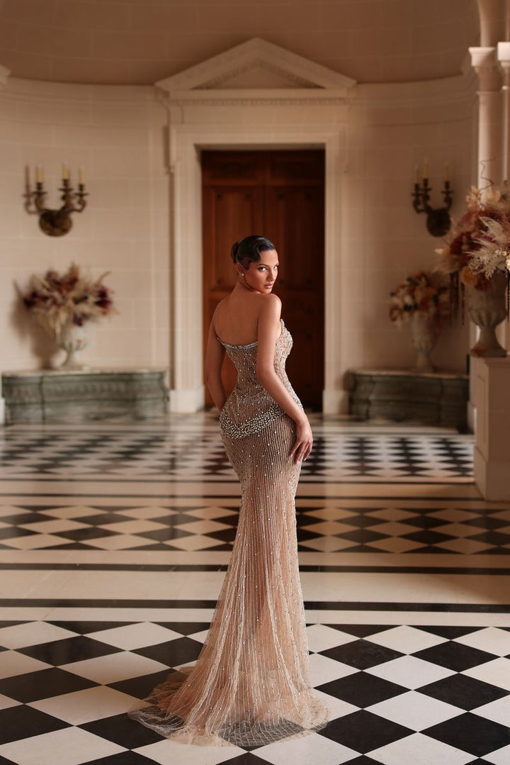 Chic & Holland HF110641 Strapless Deep V Plunging Curved Peplum Linear Beaded Couture Dress