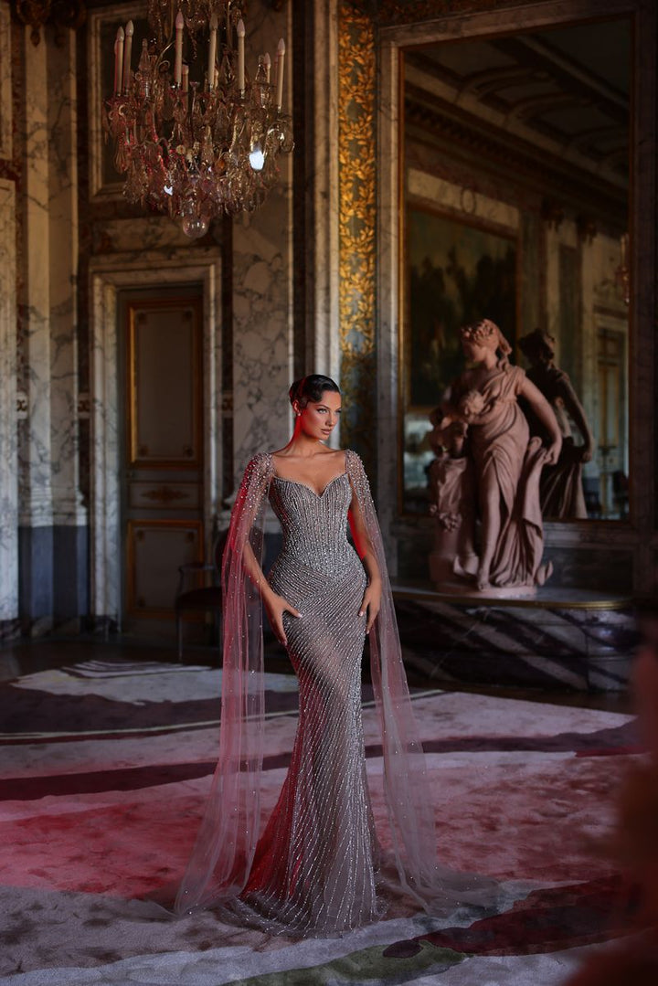 Chic & Holland HF110624 Sweetheart Corset Bodice Linear Beaded Sheath Matching Shoulder Cape Couture Dress