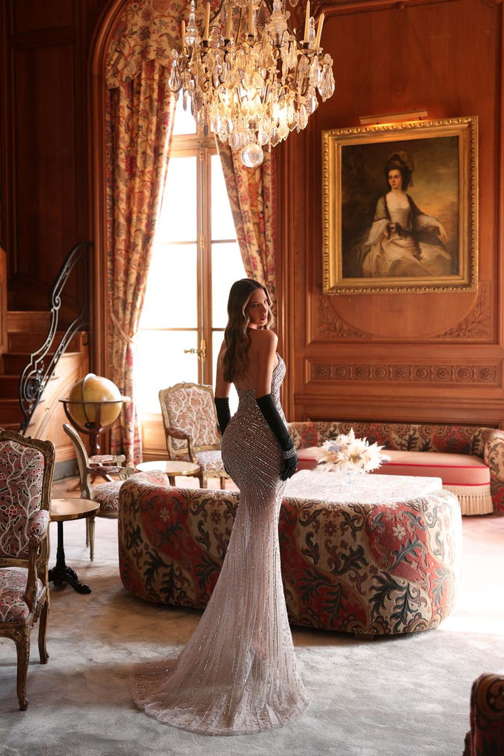 Chic & Holland EW990082 Strapless Straight Neckline Beaded Matching Gloves Evening Dress