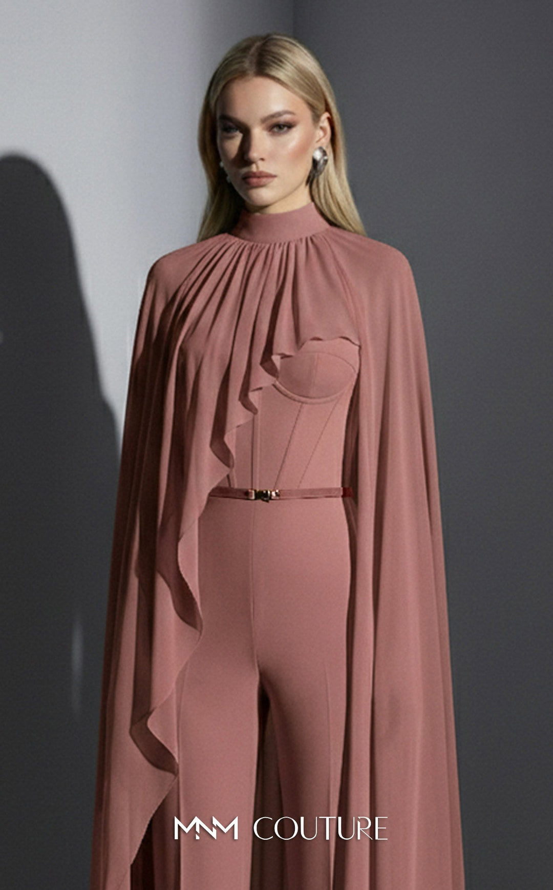 MNM Couture Style E0143 Sophisticated Chiffon High-Neck Cape Jumpsuit - FOSTANI.com