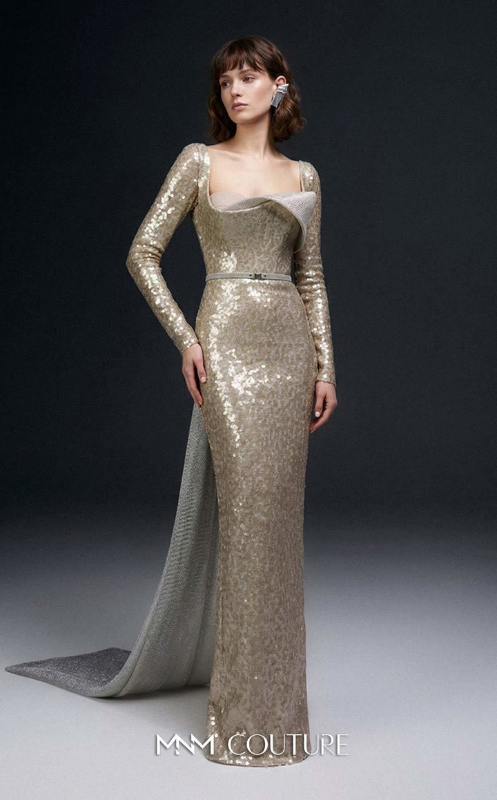 MNM Couture Style E0157 Glamorous Asymmetrical Sequined Evening Gown - FOSTANI.com