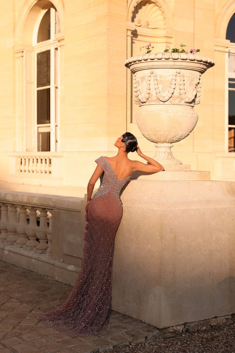 Chic & Holland PH120149 Off Shoulder Rosette Slit Couture Dress