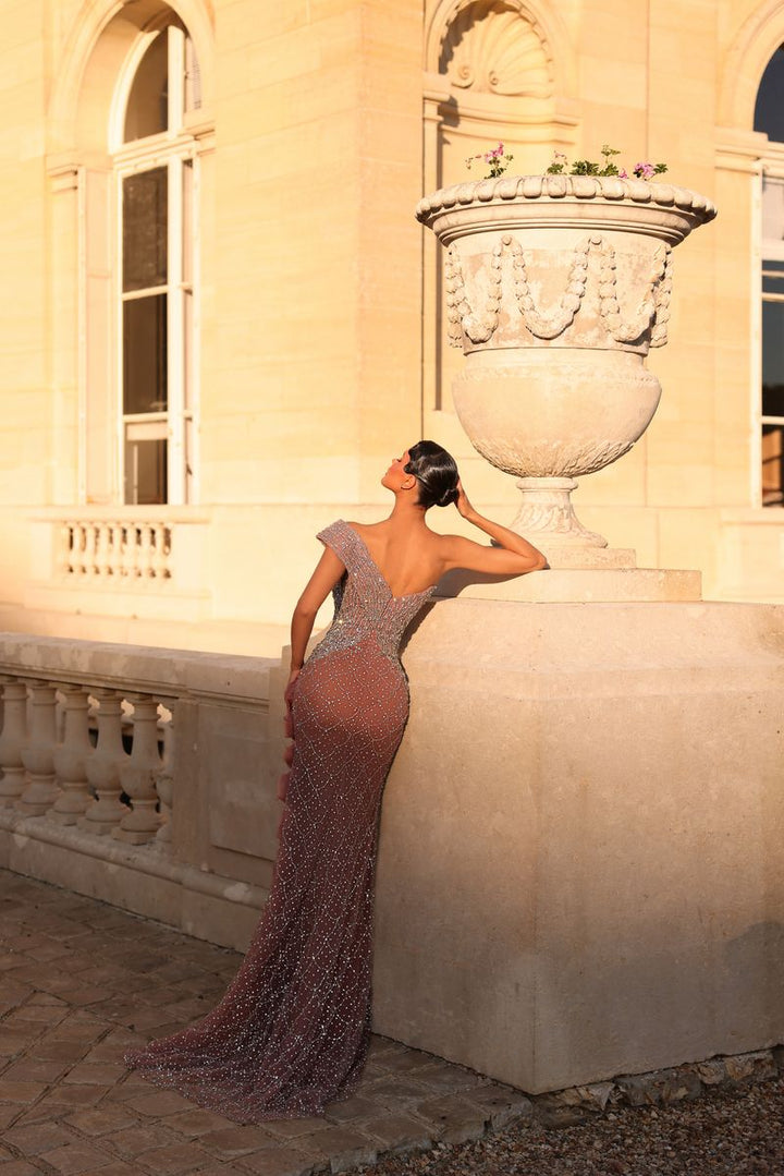 Chic & Holland PH120149 Off Shoulder Rosette Slit Couture Dress