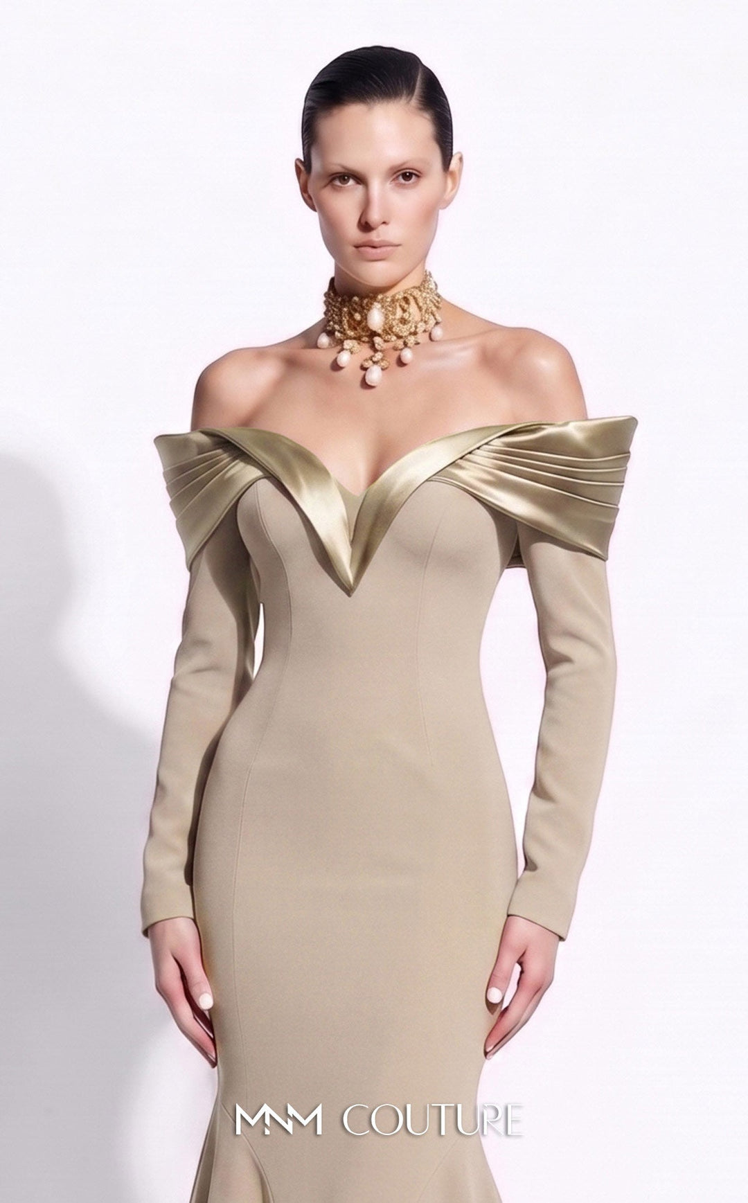 Fouad Sarkis F02973A Sweetheart Off-the-Shoulder Long Sleeves Mermaid Couture Dress