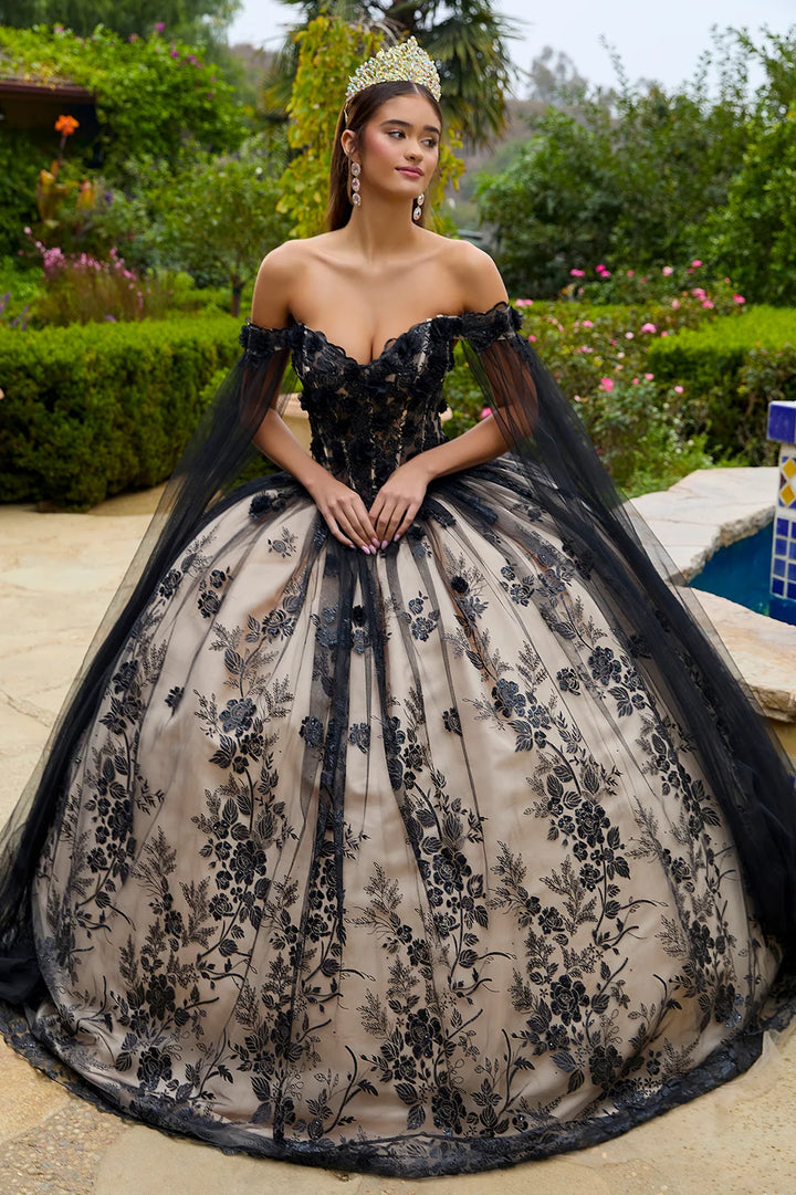 GLS Collective GL3500 Floral Applique Glitter Quinceanera Dress