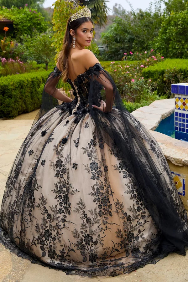 GLS Collective GL3500 Floral Applique Glitter Quinceanera Dress