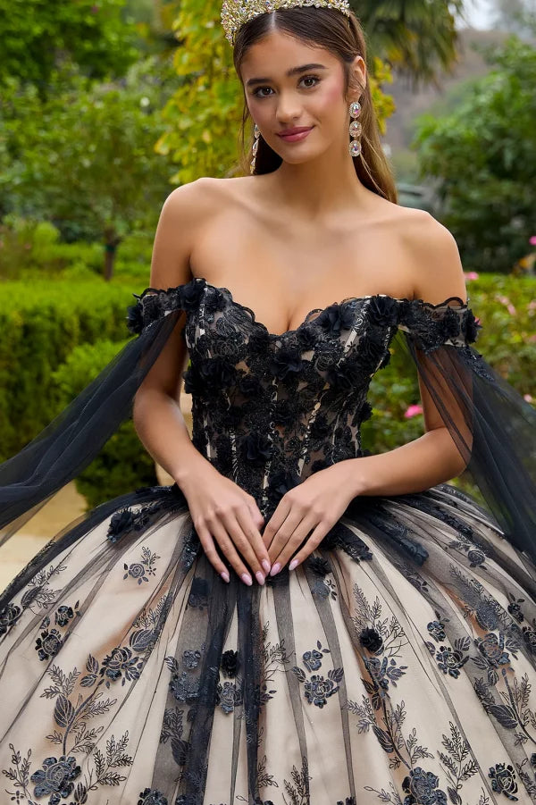 GLS Collective GL3500 Floral Applique Glitter Quinceanera Dress