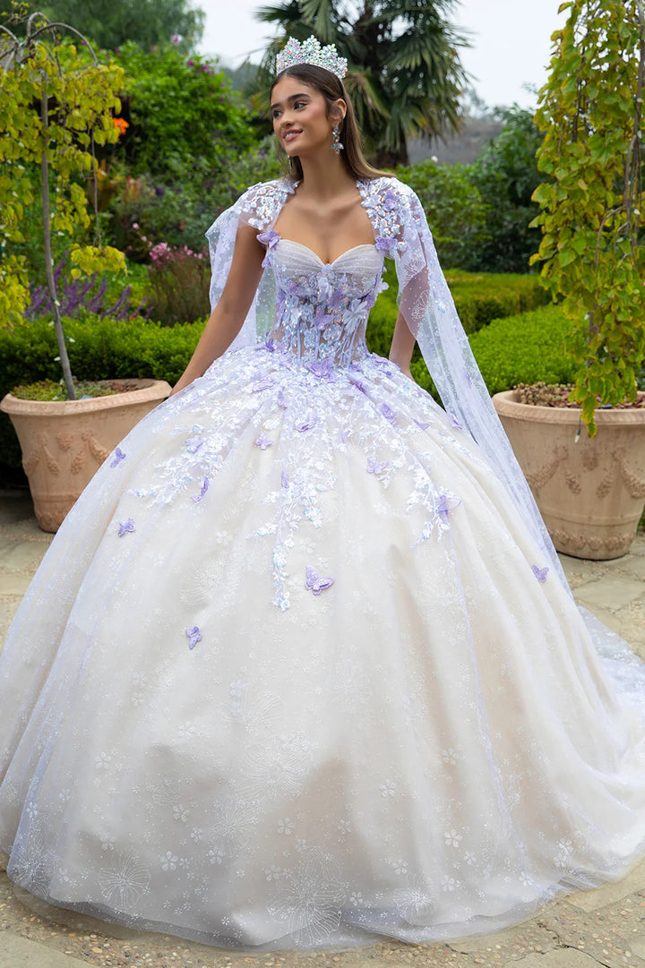 GLS Collective GL3501 Floral Glitter 3-D Butterfly Applique Quinceanera Dress