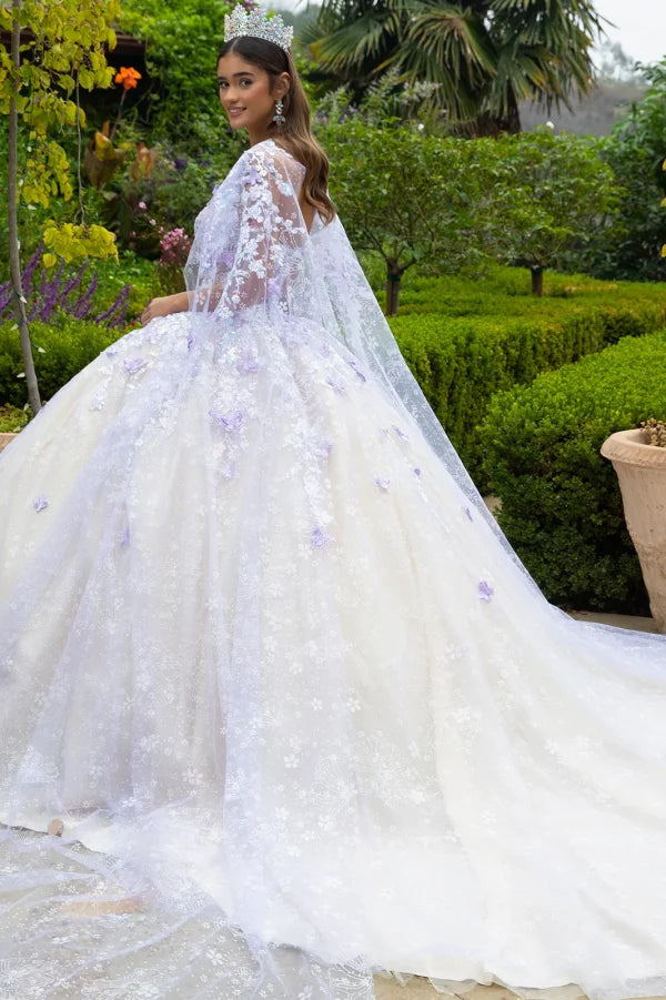 GLS Collective GL3501 Floral Glitter 3-D Butterfly Applique Quinceanera Dress