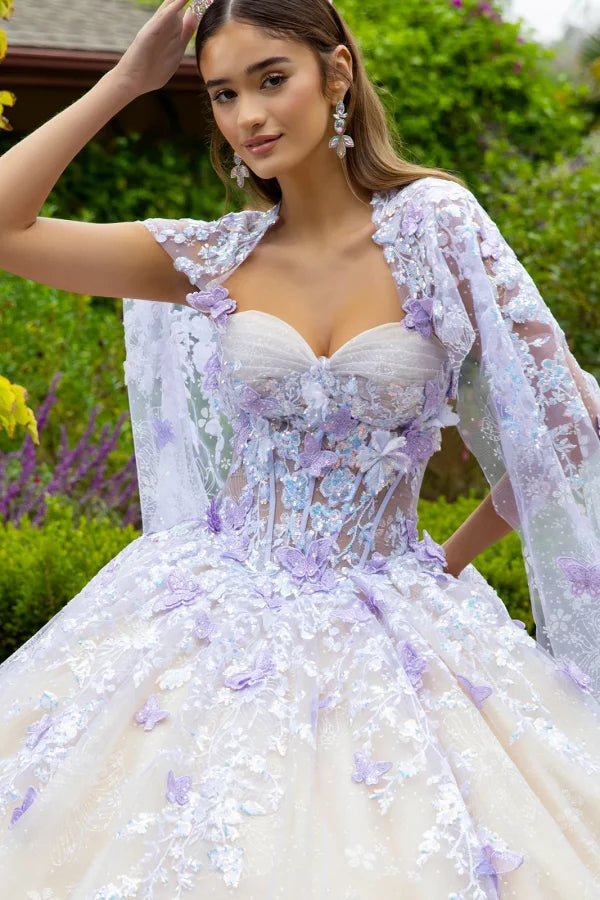 GLS Collective GL3501 Floral Glitter 3-D Butterfly Applique Quinceanera Dress