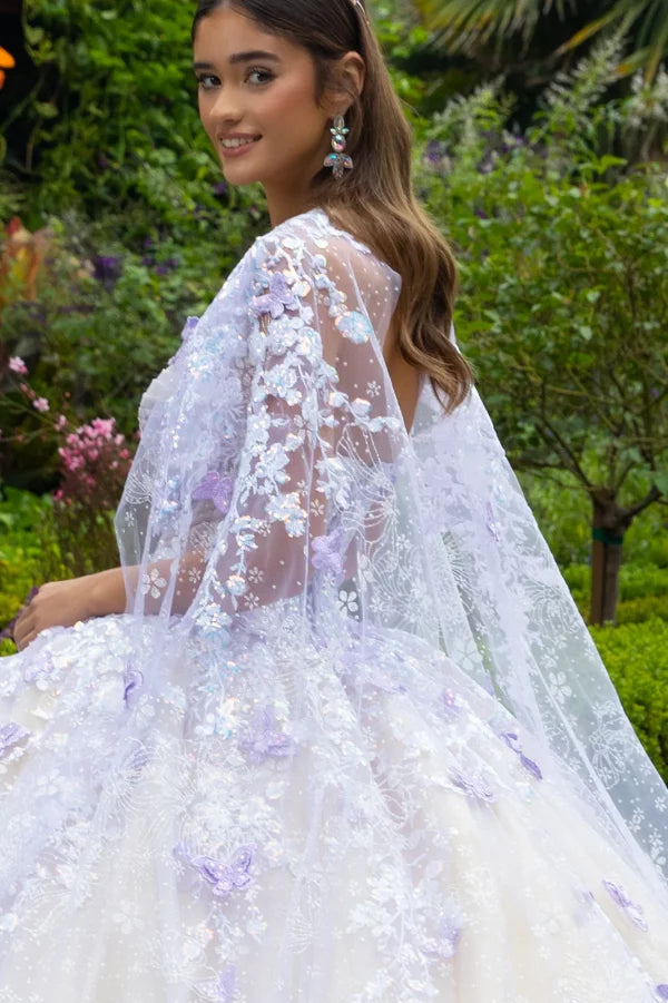 GLS Collective GL3501 Floral Glitter 3-D Butterfly Applique Quinceanera Dress