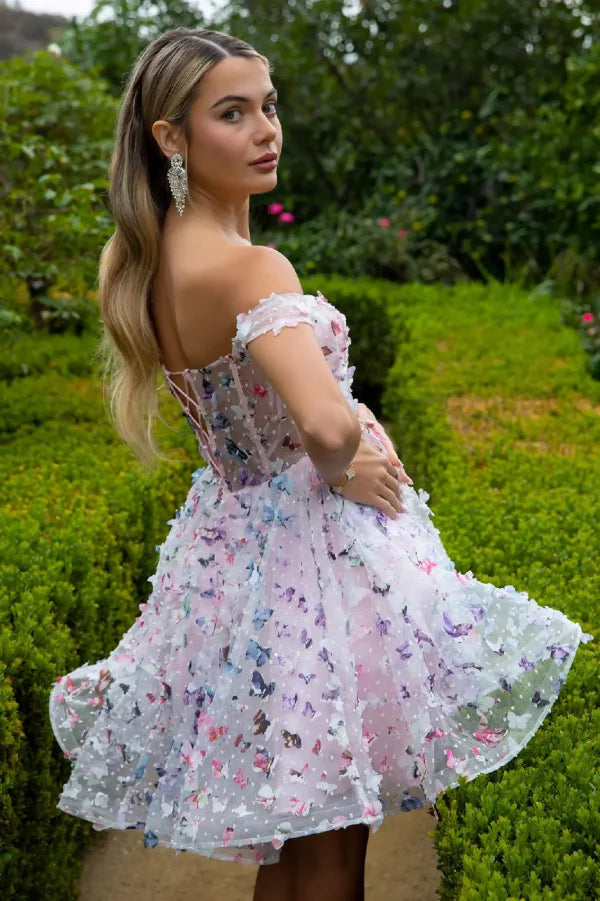 GLS Collective GS3512 Butterfly Embellished Cut-Away Shoulder Homecoming Dress