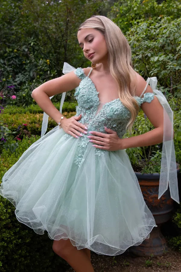GLS Collective GS3513 3D Floral Embroidered Glitter Homecoming Dress