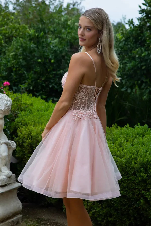 GLS Collective GS3515 Floral Embroidery Embellished Glitter A-Line Homecoming Dress
