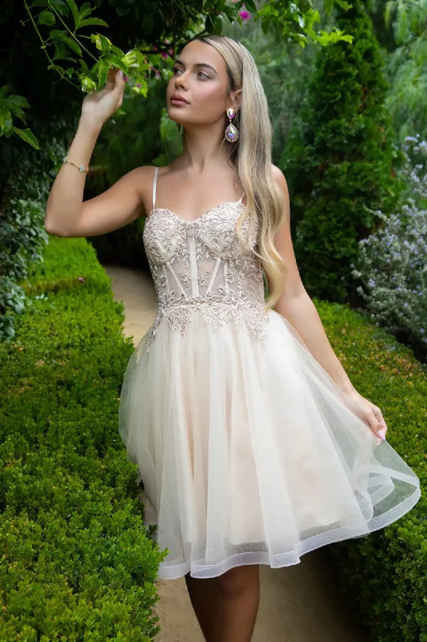 GLS Collective GS3515 Floral Embroidery Embellished Glitter A-Line Homecoming Dress