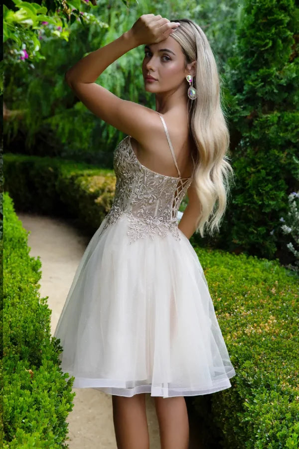 GLS Collective GS3515 Floral Embroidery Embellished Glitter A-Line Homecoming Dress