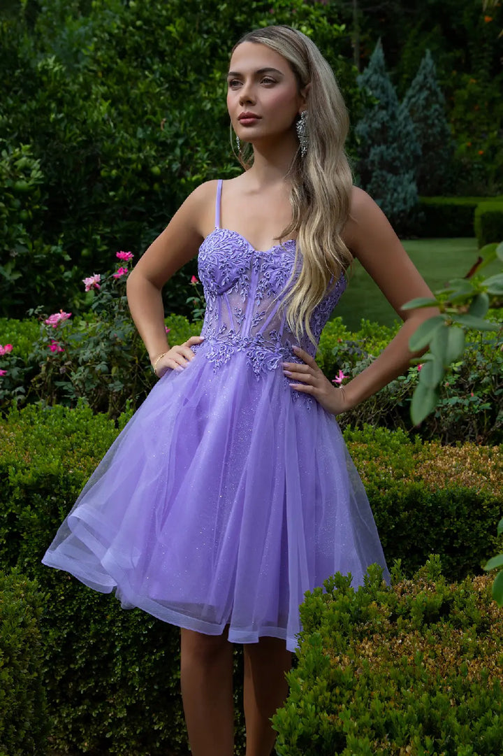 GLS Collective GS3515 Floral Embroidery Embellished Glitter A-Line Homecoming Dress