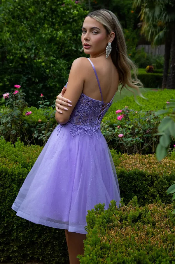 GLS Collective GS3515 Floral Embroidery Embellished Glitter A-Line Homecoming Dress