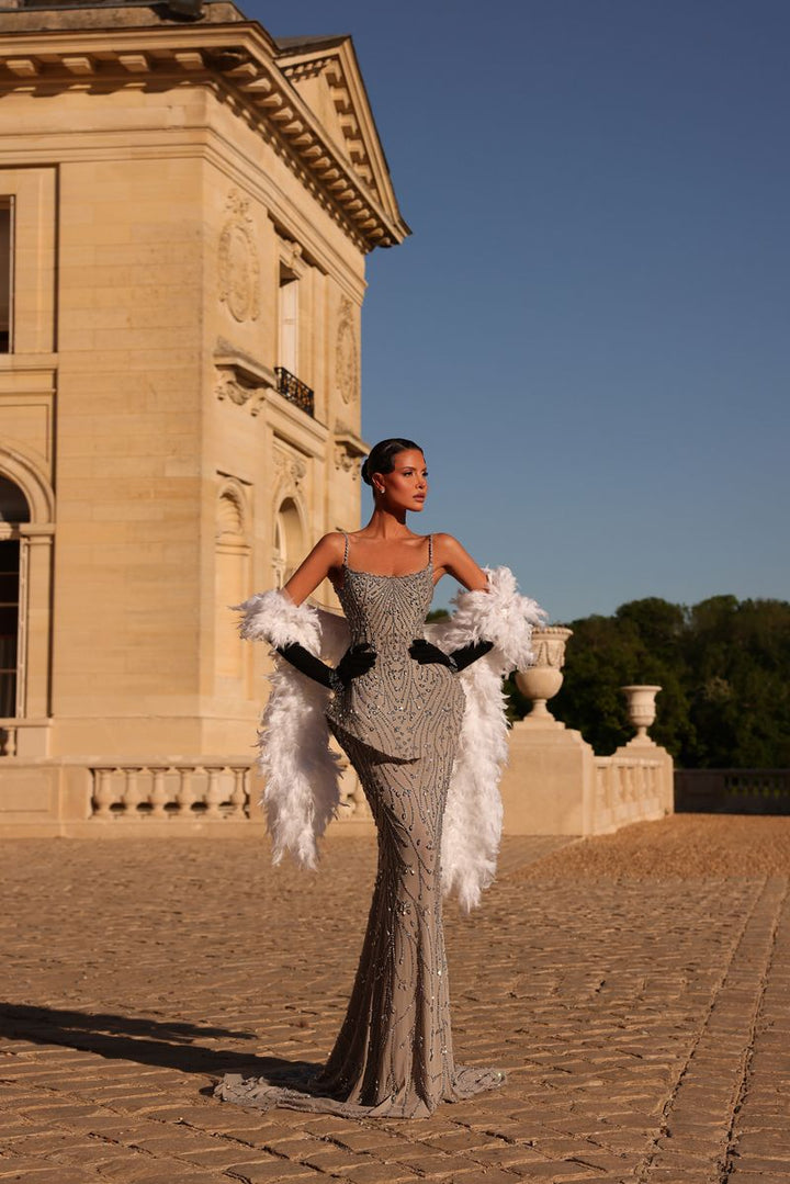 Chic & Holland HF110706 Feather Boa Peplum Couture Dress