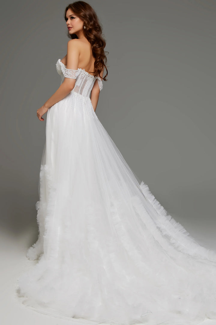 Jovani JB41159 Off the Shoulder Bridal Gown with Tulle Skirt and Beaded Corset