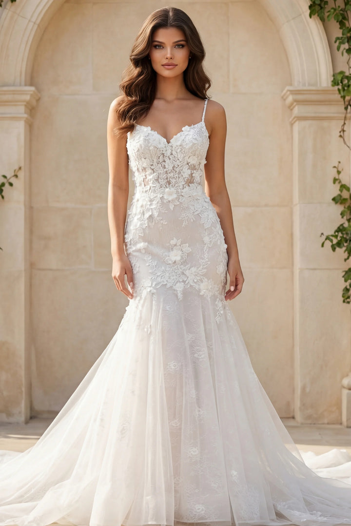 Jovani JB42484 Elegant Mermaid Lace Wedding Dress with Floral Appliqué - FOSTANI.com