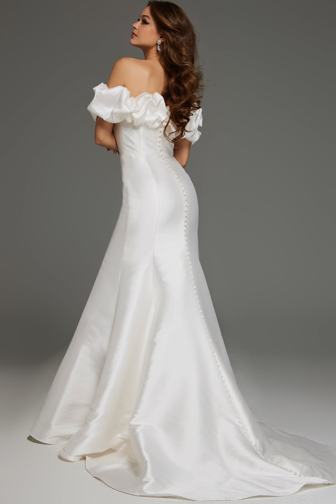 Jovani JB43896 Off the Shoulder Satin Bridal Gown with Ruffled Sleeves and Train