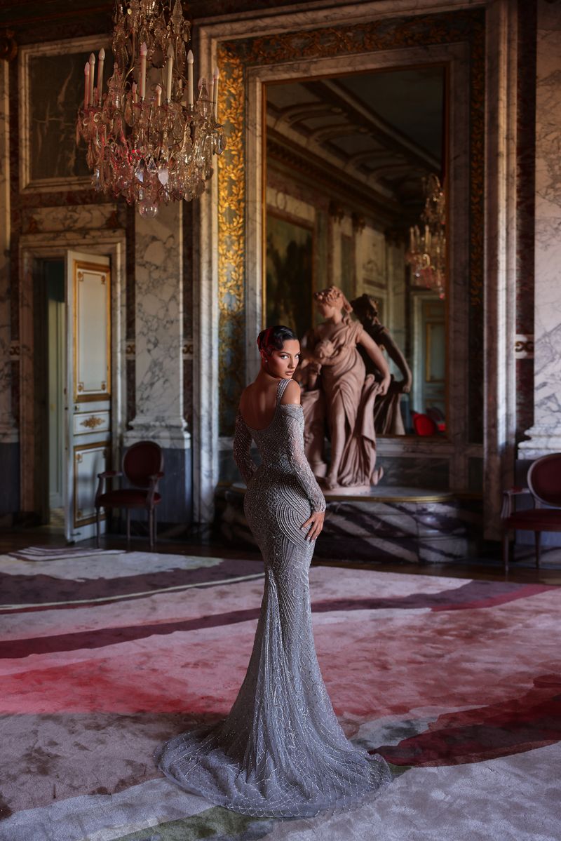 Chic & Holland HF110634 Cold Shoulder Plunging V Neck Baroque Linear Beaded Sheath Couture Dress