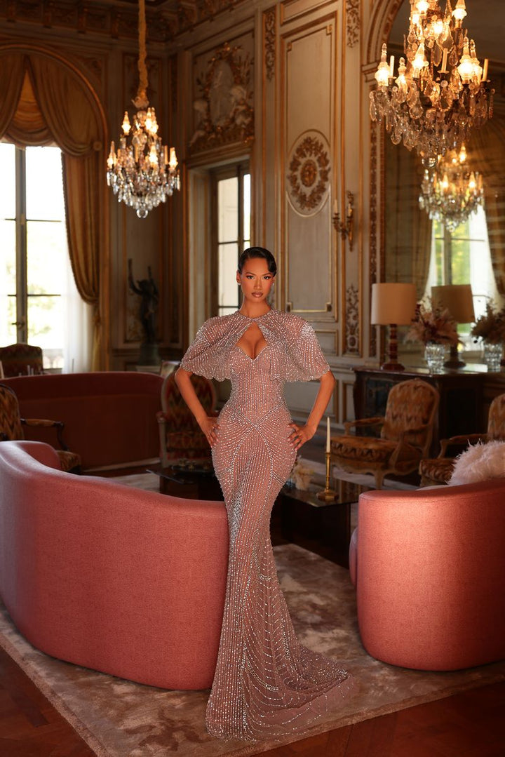 Chic & Holland HF110607 Sweetheart Keyhole Bodice Beaded Capelet Sheath Couture Dress