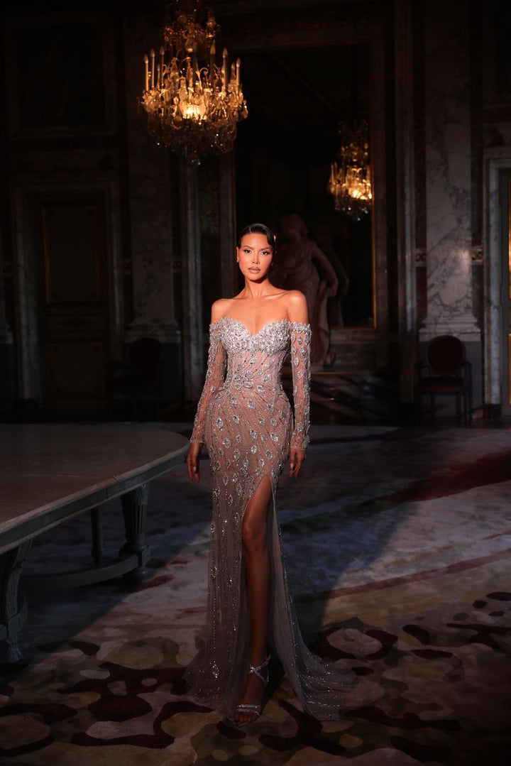 Chic & Holland HF110603 Off Shoulder Sweetheart Crystal Bodice Paisley Beaded High Slit Couture Dress