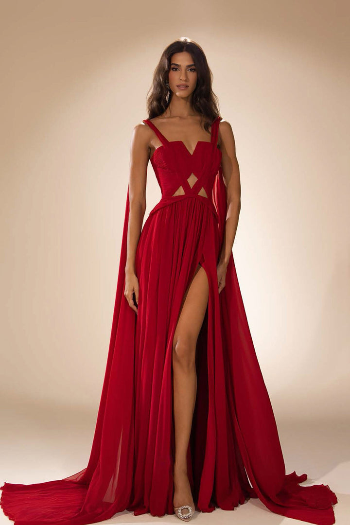 Flowing Script Skirt with High-Slit Cape Dress - FOSTANI.com