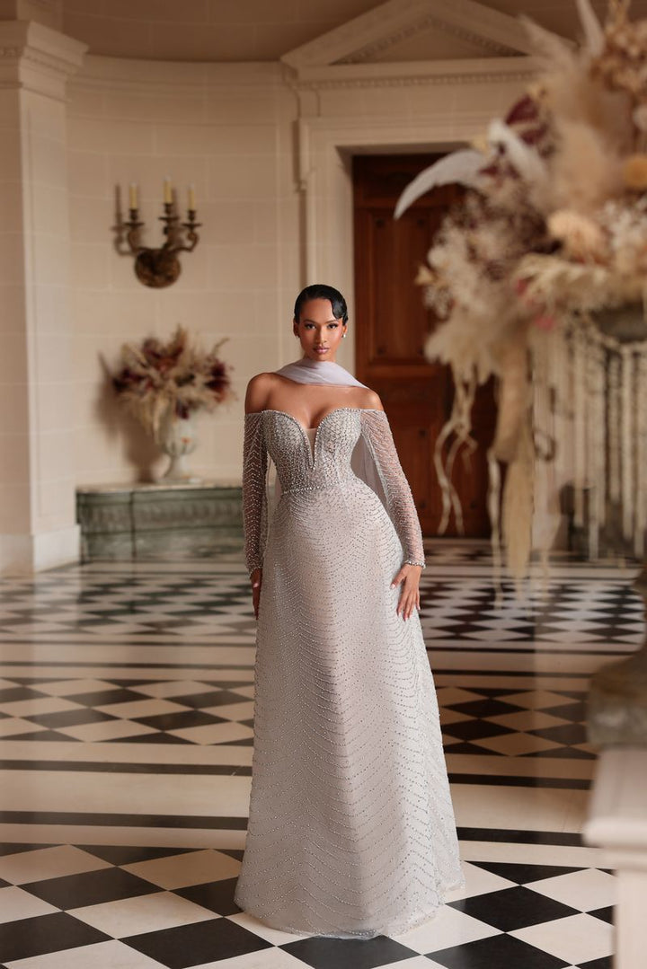 Chic & Holland HF110614 Off Shoulder Sweetheart Plunging Neckline Beaded A Line Matching Scarf Couture Dress