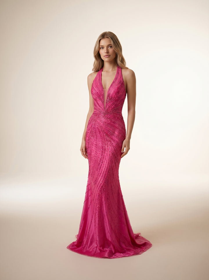 Modessa Couture M26723 Plunging Halter Neckline Sleeveless Beaded Dress