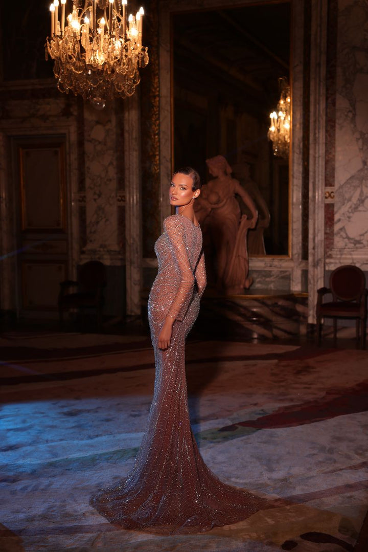 Chic & Holland HF110630 Sweetheart Neckline Long Sleeves Beaded Sheath Couture Dress