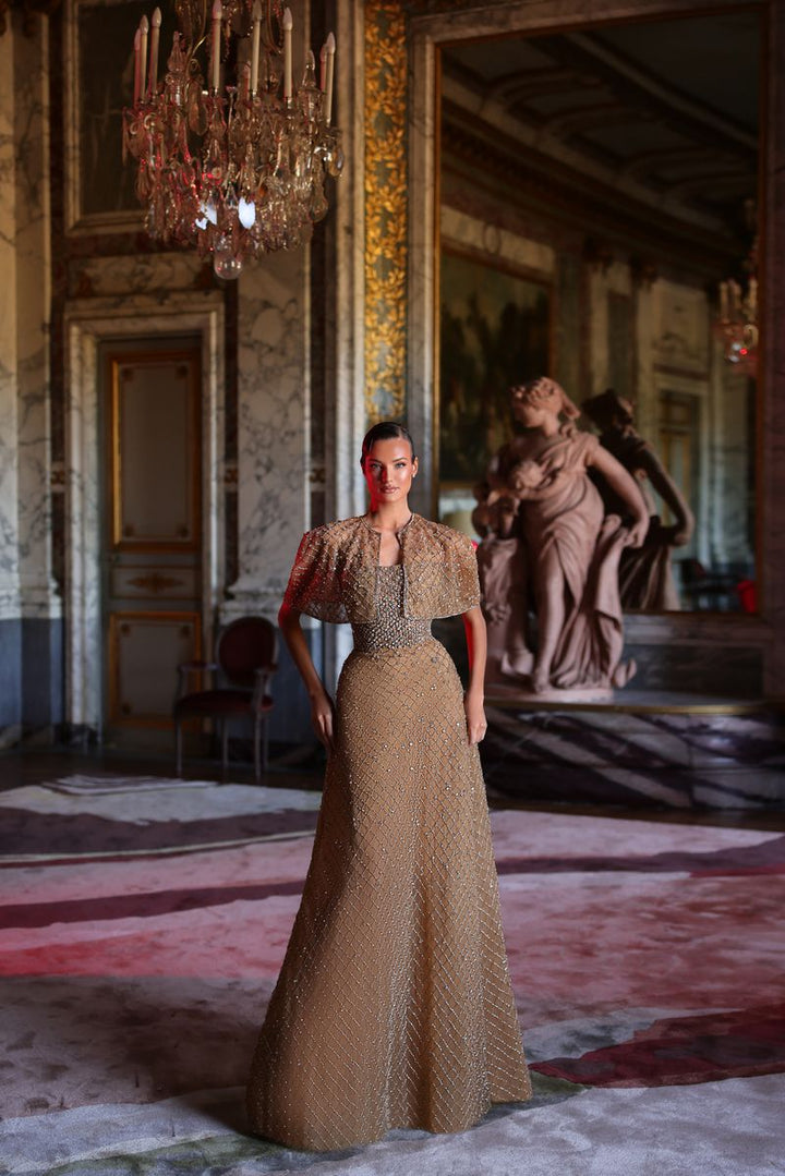 Chic & Holland HF110604 Strapless Straight-across Neckline Beaded High Waist Cape Couture Dress