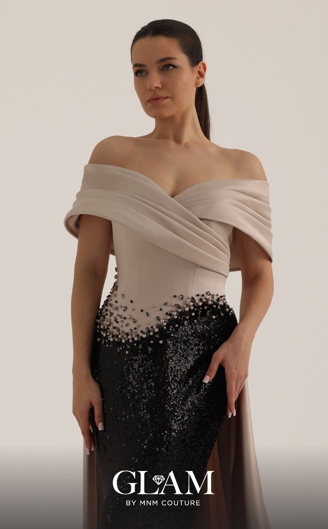 MNM O07834 Off-the-Shoulder Embellished Couture Dress