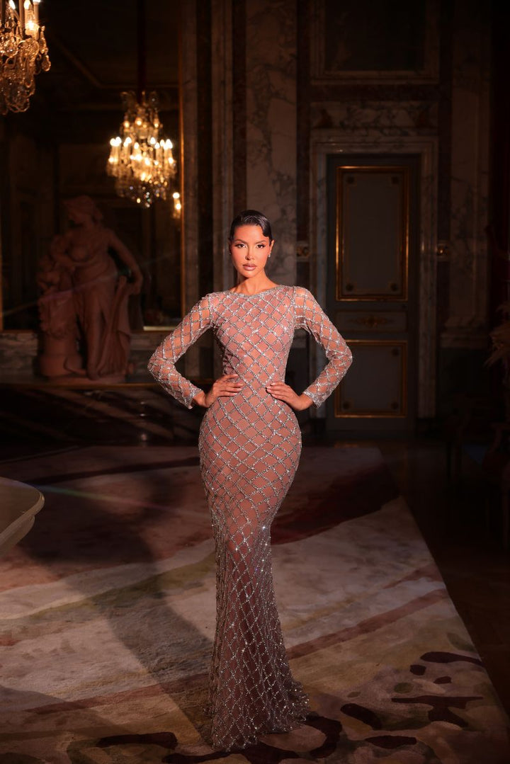 Chic & Holland HF110621 Boat Neckline Long Sleeves Diamond Grid Beaded Sheath Couture Dress