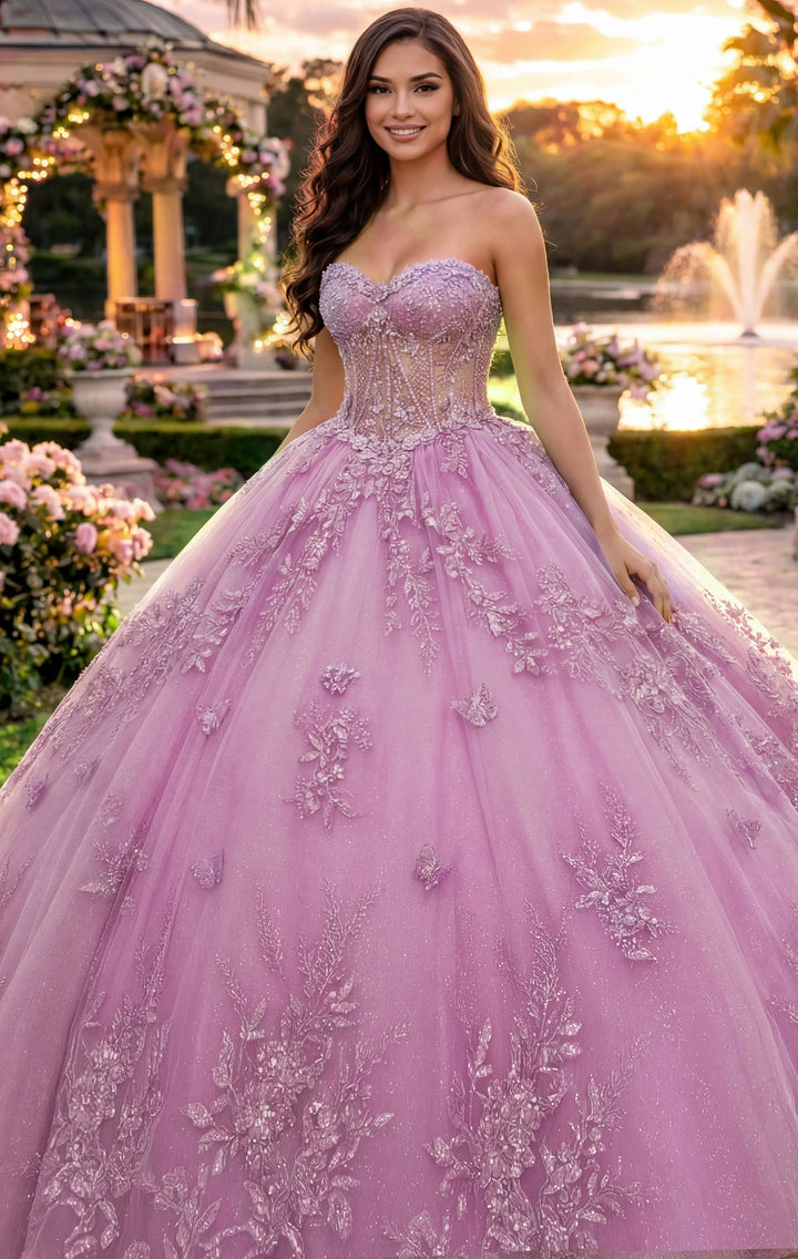 Jovani Q43812 Strapless Ball Gown with Floral Lace