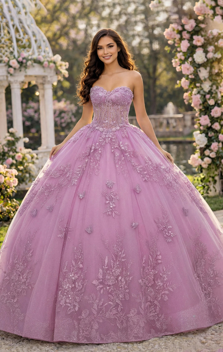 Jovani Q43812 Strapless Ball Gown with Floral Lace