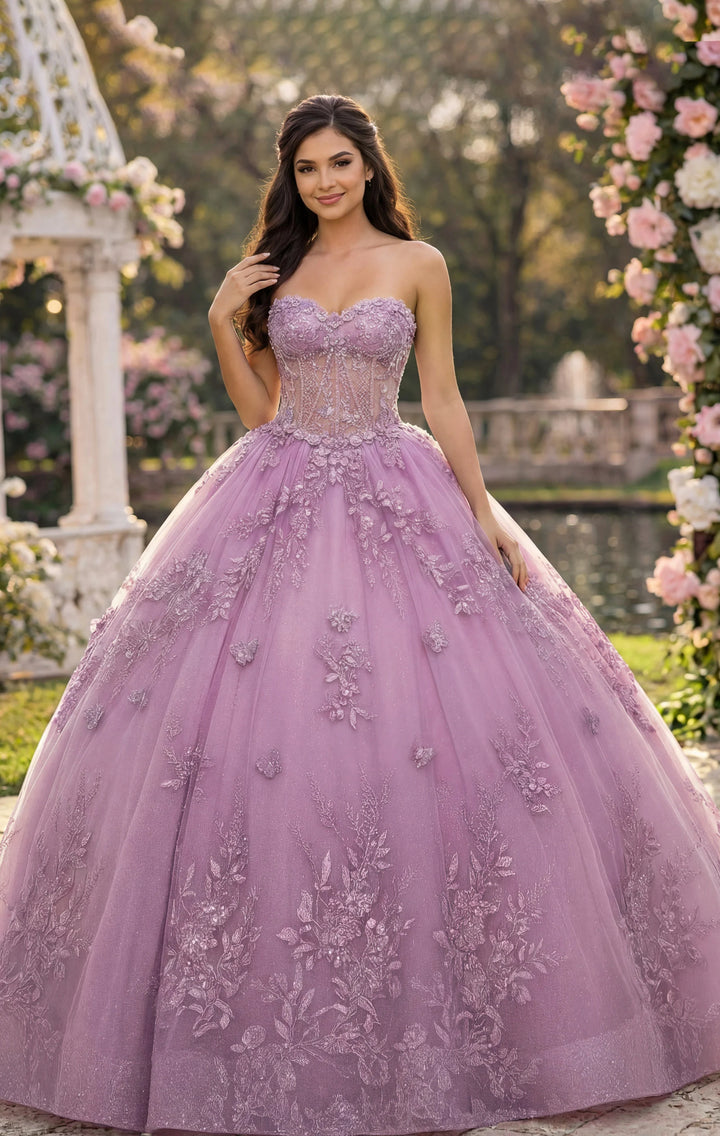 Jovani Q43812 Strapless Ball Gown with Floral Lace
