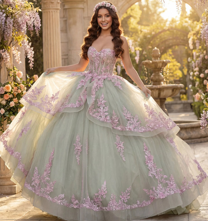 Jovani Q45685 Ball Gown with Pink Floral Appliqués
